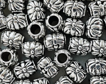 10x8mm METAL CHARM BEADS || Silver Tone || Floral Barrel Bead || Large 4mm Hole