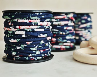3mm ROUND CLOTH CORD || 32 ft rolls || Navy blue, pink, green and white || flower pattern