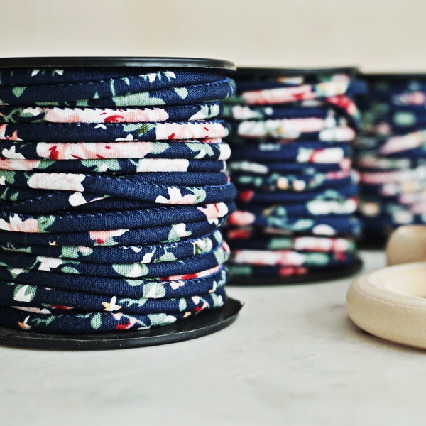 3mm ROUND CLOTH CORD || 32 ft rolls || Navy blue, pink, green and white || flower pattern