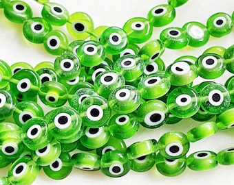 8mm EVIL EYE BEADS, Round Green Glass, 14 Inch Strand