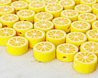 20 Pieces || 10mm LEMON BEADS || Polymer Clay || Citrus Fruit || Yellow, Orange & White || 4.5mm Thick || 1.5mm Hole