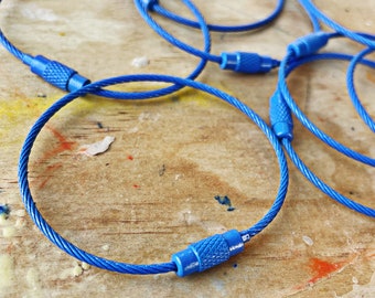 5 Pieces || 6 Inch LOCKING CABLE KEYCHAIN || 15cm || Stainless Steel || Key Ring || Royal Blue