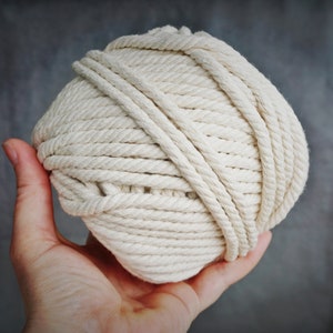 Peut inclure: Une pelote de corde en coton blanc naturel, tenue dans une main. La corde est enroulée serrée et a une texture lisse.