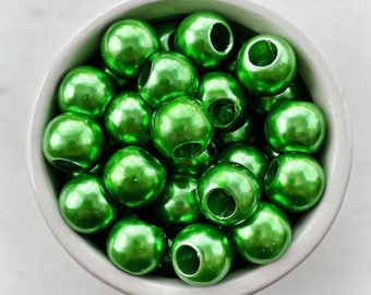 12mm GREEN ACRYLIC BEADS || Synthetic Pearl || Large 5mm Hole || Round Bright Green Bead