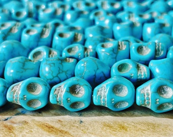 32 Pieces || 12x10mm SUGAR SKULL BEADS || 0.47 Inch || Howlite || Turquoise Blue || Day of the Dead || Full 16" Strand