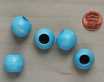 20mm BLUE WOODEN BEADS || 0.79 inch || Round || Large Hole || Vintage