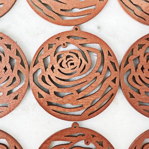Set of Two || 48mm LASER CUT PENDANTS || 1.9 Inches || Botanical Floral Rose || Jewelry Earring Supplies || Flat Carved Wooden Disks