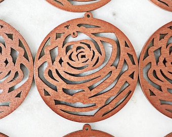 Set of Two || 48mm LASER CUT PENDANTS || 1.9 Inches || Botanical Floral Rose || Jewelry Earring Supplies || Flat Carved Wooden Disks