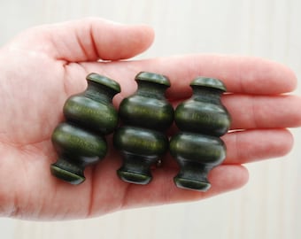 50mm VINTAGE WOODEN BEADS || Dark Olive Green || 2 Inches Long || Large Hole || Double Vase
