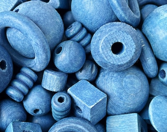 10-50mm+ BLUE BEAD MIX || Wooden Bead Soup || Dyed Wood Beads & Rings || Packs of 10, 20, or 40