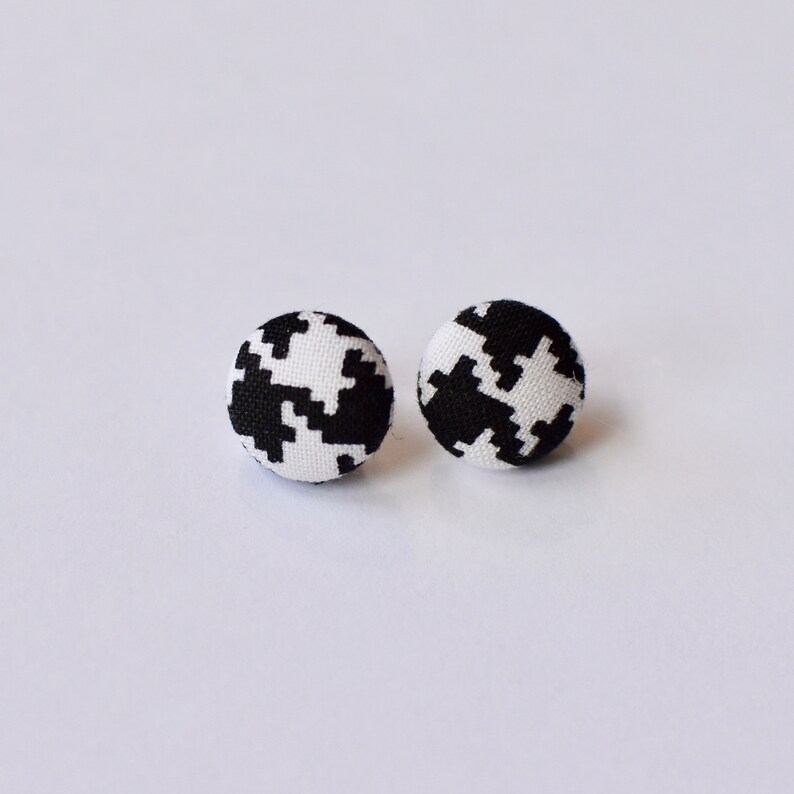 Black and White Tartan Earrings Earrings Button Earrings Stud Earrings Fabric Earrings