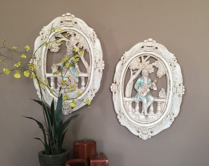 Vintage Victorian Wall Art / Chalkware Wall Plaques / Victorian Figurine Wall Art / Chalkware