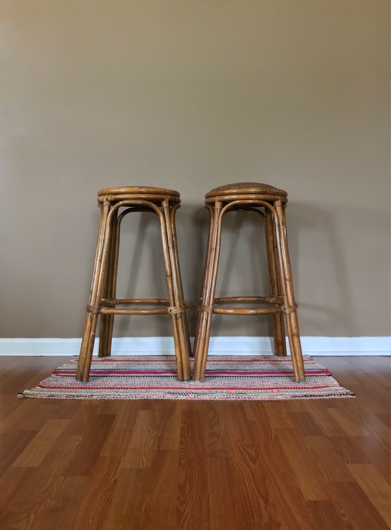 Pair Wicker Rattan Bar Stools Vintage Image 0