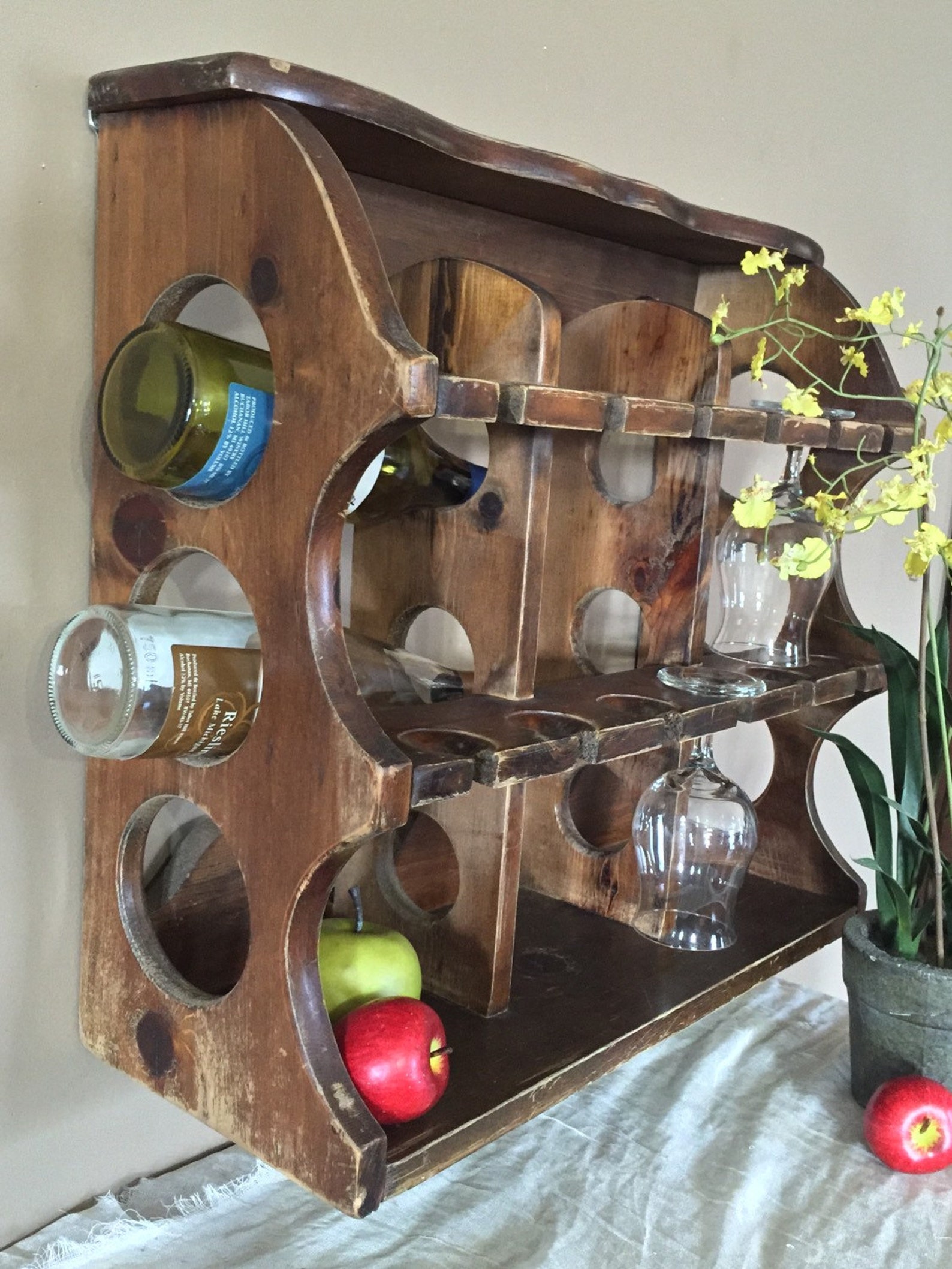 Vintage Wood Wine Rack / Wall Wine Rack & Stem Glass Holder Etsy