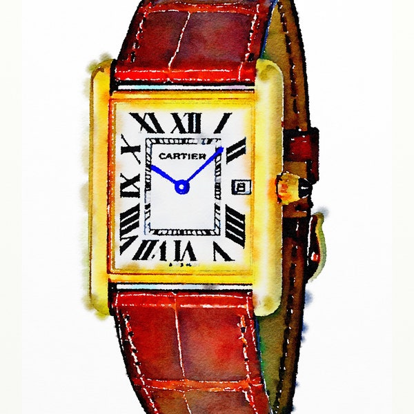 A watercolor of the Cartier Tank Louis wrist watch. Instant digital download of A4 and 10 x 8 high res. prints.