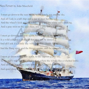 Sea Fever, Printable Wall Art, Poem, Inspirational, Sailing, Ships,