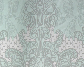 Mint Green and Gray Damask Silk - 100% Silk Fabric by the Yard or Meter