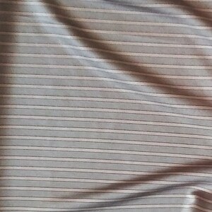 May include: Close-up of a light blue fabric with horizontal stripes in white and a darker blue-grey. The fabric has a soft, slightly wrinkled appearance, suggesting a lightweight material.