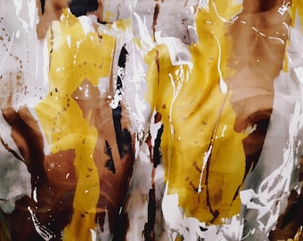 Paint Splash 100% Silk Habotai by Yard or Meter - Brown and Marigold Yellow on Gray Semi-Sheer Fabric