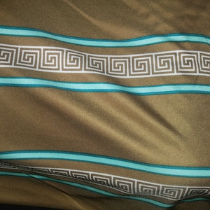 Greek Key 100% Silk Jersey - Horizontal Striped Meander Print Silk Knit in Khaki, White, Turquoise, and Aqua