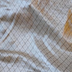 Luxe Lattice Silk Charmeuse by the Yard - Ecru 100% Pure Mulberry Silk Fabric with Dark Brown Grid and Metallic Silver Diamond Pattern