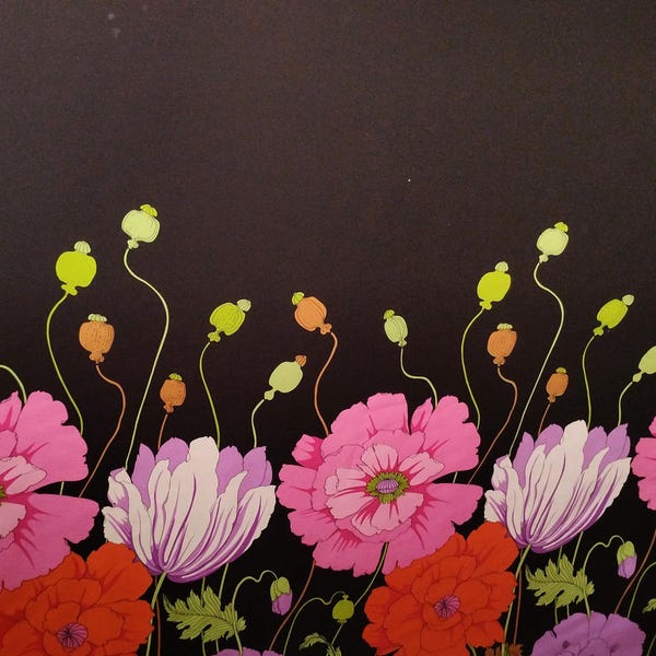 Poppy Flower Border Print Silk Twill by the Yard or Meter - 100% Pure Mulberry Silk Fabric in Orange, Hot Pink, and Lime Green on Black