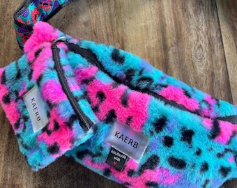 Handmade Fluffy magenta and blue leopard Bum Bag | Fanny Pack | Festival Bag with coin pouch
