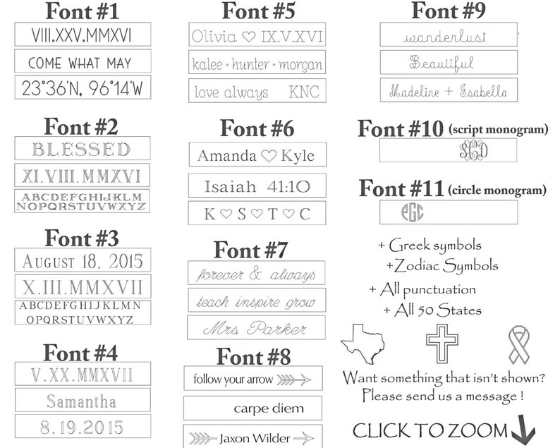 Peut inclure: Pr&eacute;sentation de diff&eacute;rents styles de polices pour la gravure personnalis&eacute;e. L'image montre des exemples de texte dans diverses polices, notamment des dates, des noms et des phrases. Options suppl&eacute;mentaires : symboles grecs, symboles du zodiaque, ponctuation et 50 &Eacute;tats.