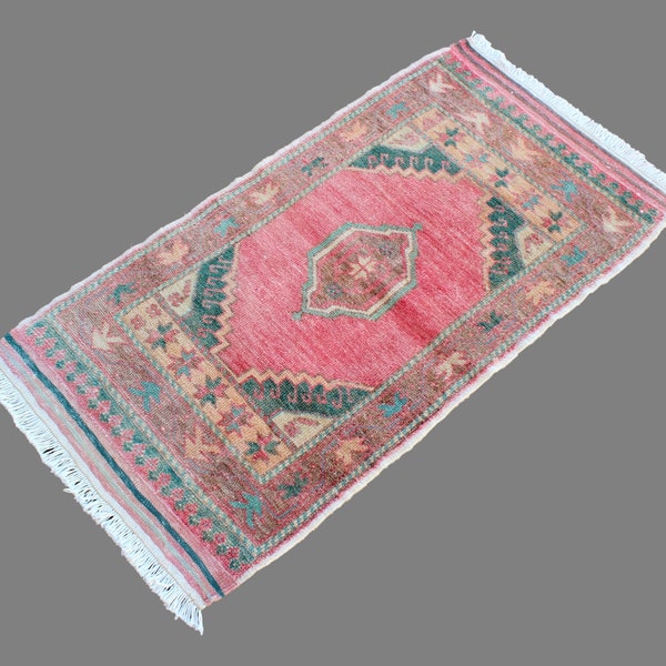 Pastel pink teal 3,4x1,7 ft - 103x53 cm hand-knotted rug runner, handwoven small carpet, oriental doormat bathmat rug, medallion small rug