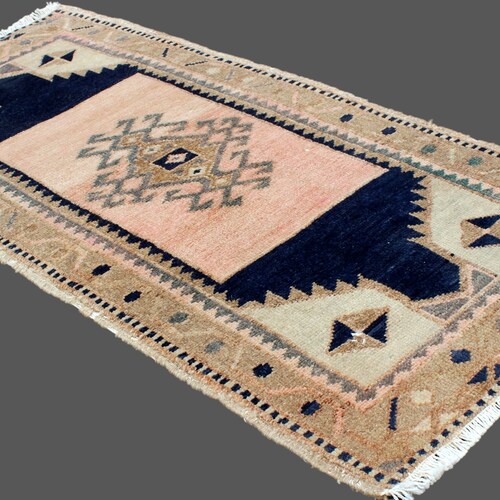 Primitive Handknotted shops 3.3'x1.6'//101x50cm Wool Door Mat, Turkish Vintage Decorative Fashion Bath Mat, Old Antique Nomadic Oushak Small Rug