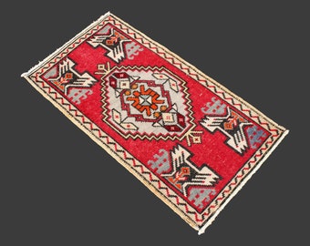 Vintage Oushak 37" x 20" rug runner, rustic stylish floor doormat rug, handwoven oriental mini rug runner, 3x1,7 ft //93x51 cm entrance rug