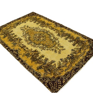 Mustard color area Turkish rug, rustic aged Oushak Carpet, 8.7&#39;x5.5&#39; tribal rug, yellow tones stylish oriental rug carpet, low pile wool rug