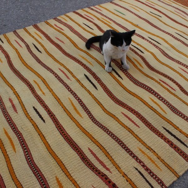 vintage Turkish rug kilim, Tribal art rug, Soft color floor rug, Hand woven kilim, Vegetable dye rug, Nomade type kilim 6.4' x 4.2'/ 8007