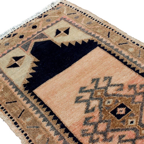 Primitive Handknotted shops 3.3'x1.6'//101x50cm Wool Door Mat, Turkish Vintage Decorative Fashion Bath Mat, Old Antique Nomadic Oushak Small Rug