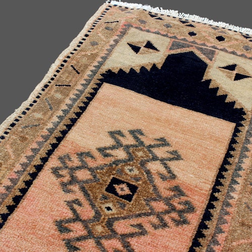 Primitive Handknotted shops 3.3'x1.6'//101x50cm Wool Door Mat, Turkish Vintage Decorative Fashion Bath Mat, Old Antique Nomadic Oushak Small Rug