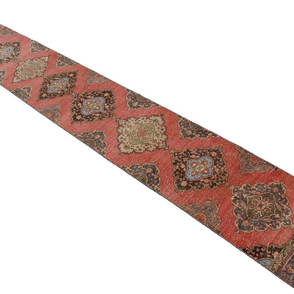 Hand knotted extra long vintage Oushak red rug runner, 19,8'x2,6' handwoven rug runner for stair hallway corridor, mid century Turkish rug