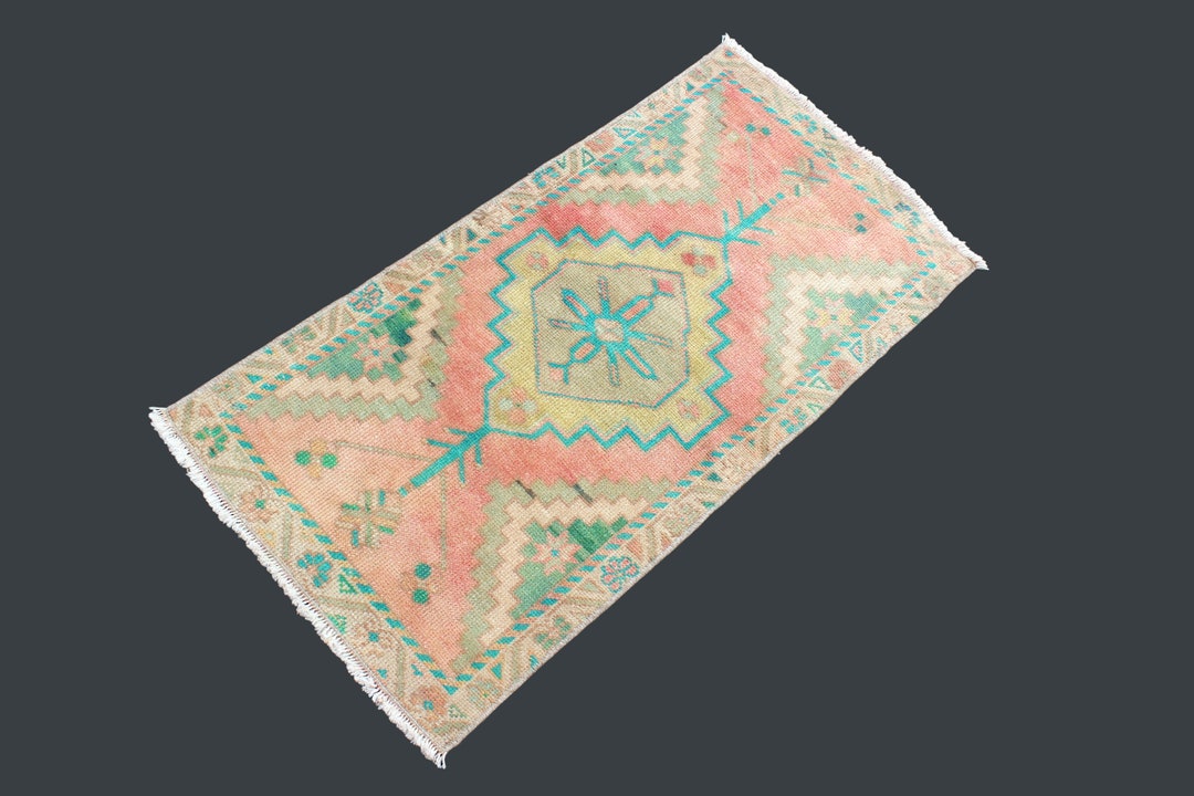 Short Rugs 3.5x1.7 Ft Oriental Low Pile Rug, Vintage Small Oushak Rug, Pastel ...