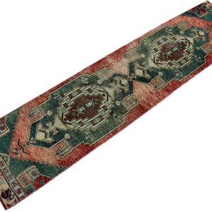 11x3 ft Oriental vintage rug runner, dark green blue red Oushak hallway corridor rug runner, handmade antique carpet, actual size; 11&#39;x2.5&#39;