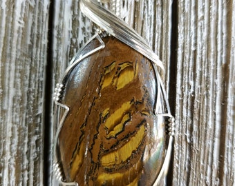 Drahtgewickelter Bronzit Anhänger, Tigerauge Halskette, Sterling Silber