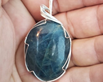 Blue Apatite Wire-wrapped Pendant, Spiritual Stone that cleanses the Aura & Negativity, Dream Stone of Manifestation, Soothes Headaches