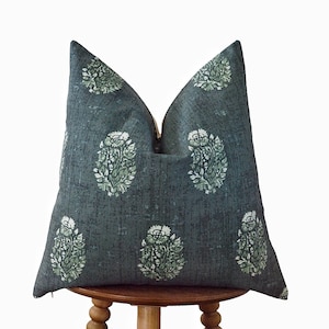 Green Block Print Floral Pillow Cover