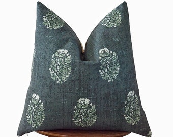 Green Block Print Floral Pillow Cover || forest green, medium scale pattern