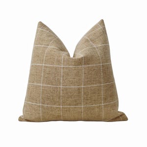 Cafe Sand Windowpane Chenille Pillow Cover || Modern style, tan plaid, transitional, minimal decor