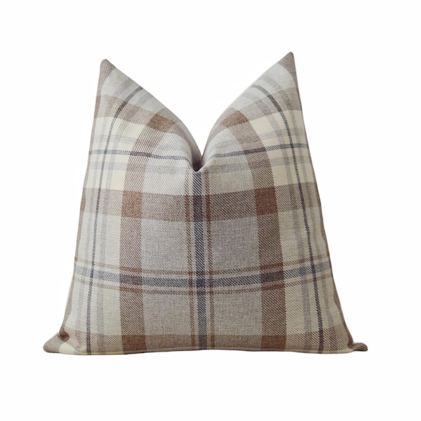 Brown and Navy Blue Plaid Woven Pillow Cover || gray, designer pillows
