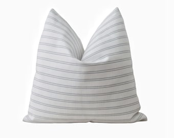 Aqua Blue Striped Indoor/Outdoor Luxe Pillow Cover || hamptons style, small stripes, teal white