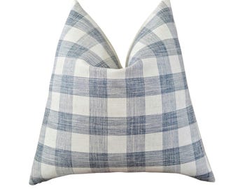 Blue Check Woven Pillow Cover || buffalo check, denim color, designer pillows