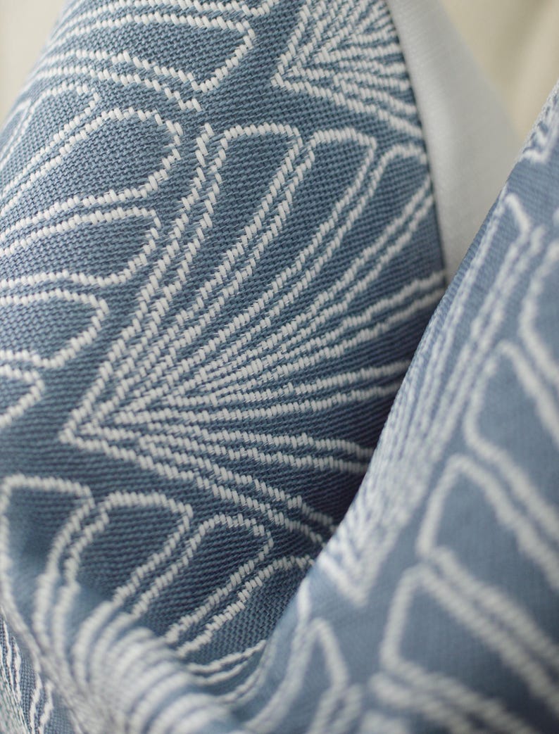 May include: Close-up of a blue and white patterned fabric. The fabric has a woven texture with a repeating design of stylized leaf shapes. The color is a muted blue with white accents, creating a soft, textured appearance.