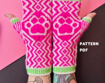 PAW POP Mittens Knitting Pattern | Colorwork Fingerless Gloves (PDF)
