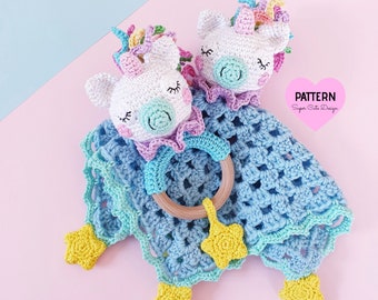 UNICORN-RATTLE-SECURITYBLANKET, pdf Pattern, amigurmi, crochet