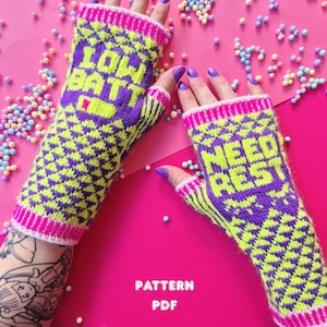 Low Batt / Need Rest Mittens Knitting Pattern | Colorwork Mittens | Funny Knit